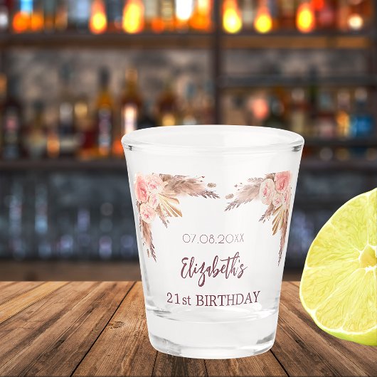 Birthday Pampas Gras rot Rosa Blume Name Schnapsglas
