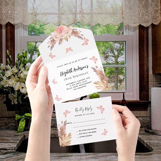 Birthday Pampas Rose Goldschmetterling Blumengeste All In One Einladung