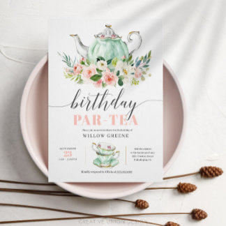 Birthday Par-tea Tee Party Girl Birthday Party Einladung