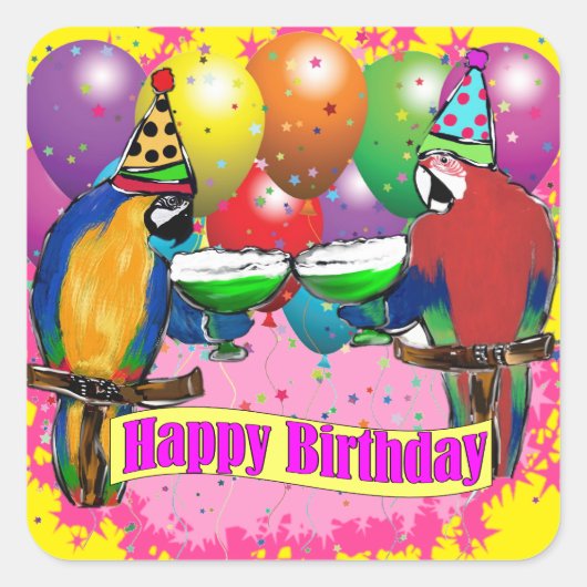 BIRTHDAY PARROTS QUADRATISCHER AUFKLEBER (Vorderseite)