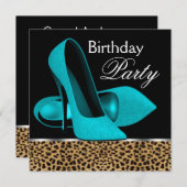 Birthday Party aquamarin Blue Leopard High Heels Einladung (Vorne/Hinten)