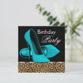 Birthday Party aquamarin Blue Leopard High Heels Einladung (Stehend Vorderseite)