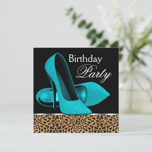 Birthday Party aquamarin Blue Leopard High Heels Einladung (Stehend Vorderseite)