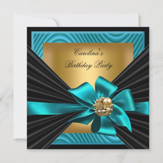 Birthday Party Aquamarin Gold Black Ripple Einladung (Vorderseite)