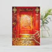 Birthday Party Asian View Gold Bamboo Red Einladung (Stehend Vorderseite)