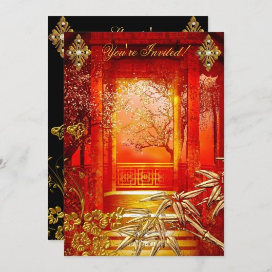 Birthday Party Asian View Gold Bamboo Red Einladung (Vorne/Hinten)