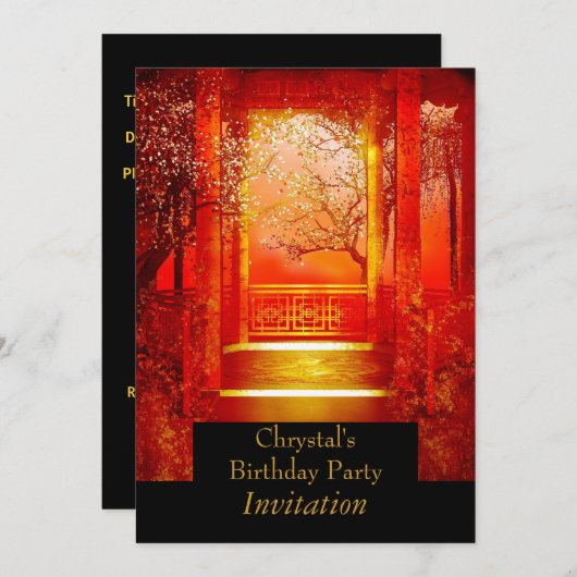 Birthday Party Asiatische Szene Rotes Gold Einladung (Vorne/Hinten)