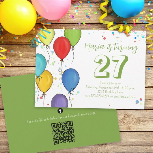 Birthday Party Ballons Confetti QR Code Facebook Einladung