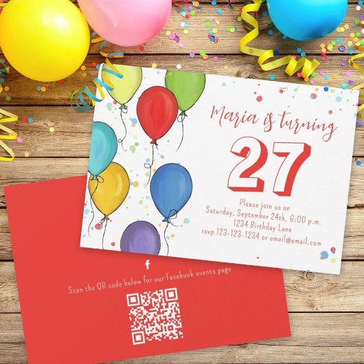 Birthday Party Ballons Confetti QR Code Facebook Einladung