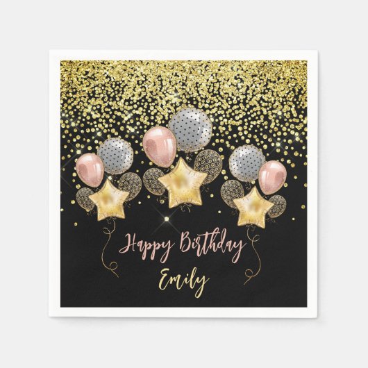 Birthday Party Balloons Gold Glitzer Ballon Black Serviette (Vorderseite)