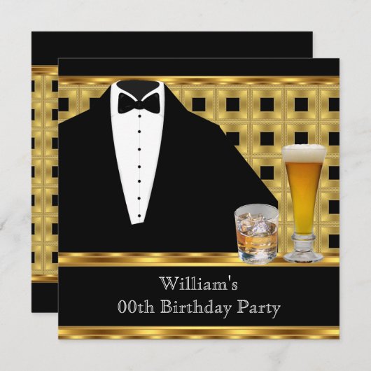 Birthday Party Beer Scotch Tuxedo Gold Black 2 Einladung (Vorne/Hinten)
