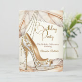 Birthday Party Beige Cream Gold Heel Stiletto Shoe Einladung (Stehend Vorderseite)