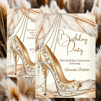 Birthday Party Beige Cream Gold Heel Stiletto Shoe Einladung