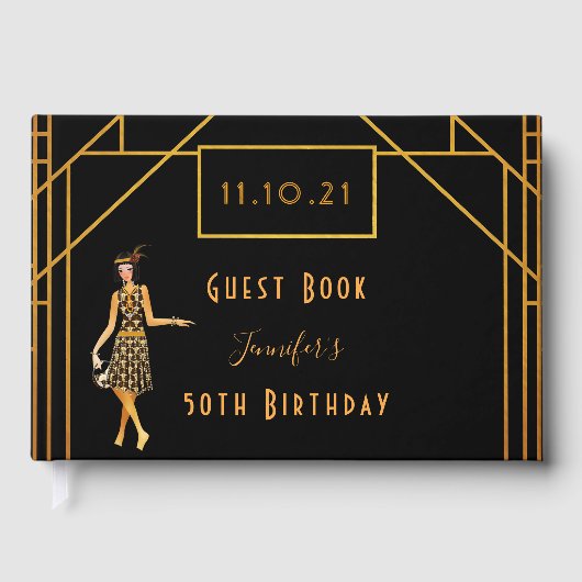 Birthday Party Black Gold 1920er Kunst Deko Gästebuch (Vorderseite)