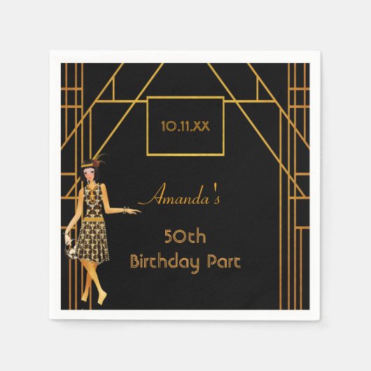 Birthday Party Black Gold 1920er Kunst Deko Retro Serviette (Vorderseite)
