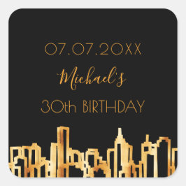 Birthday Party Black Gold City Skyline Moderne Quadratischer Aufkleber