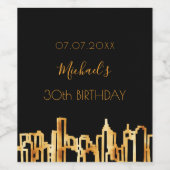 Birthday Party Black Gold City Skyline Moderne Weinetikett (Einzelnes Label)