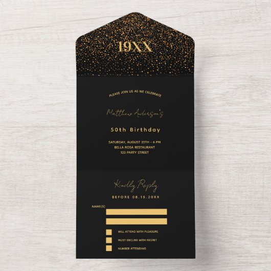 Birthday Party Black Gold Confetti UAWG All In One Einladung (Innen Boden)
