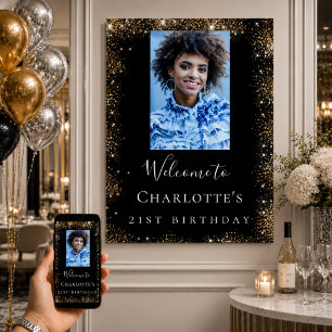 Birthday party black gold glitter photo welcome poster