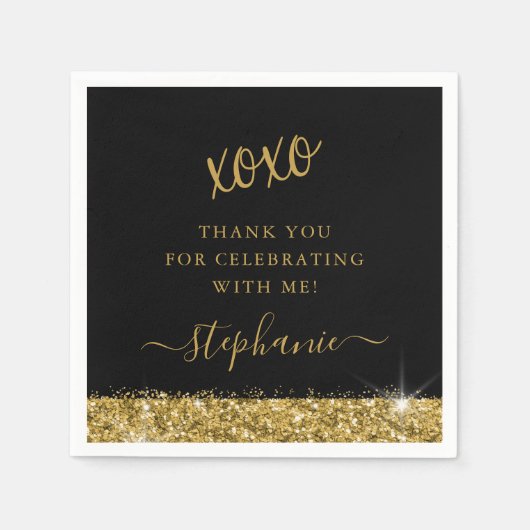 Birthday Party Black Gold Glitzer Confetti Serviette (Vorderseite)