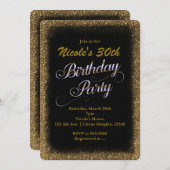 Birthday Party Black & Gold Glitzer Einladung (Vorne/Hinten)