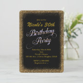 Birthday Party Black & Gold Glitzer Einladung (Stehend Vorderseite)
