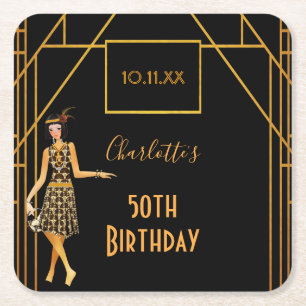Birthday Party Black Gold im Stil der 1920er Jahre Rechteckiger Pappuntersetzer