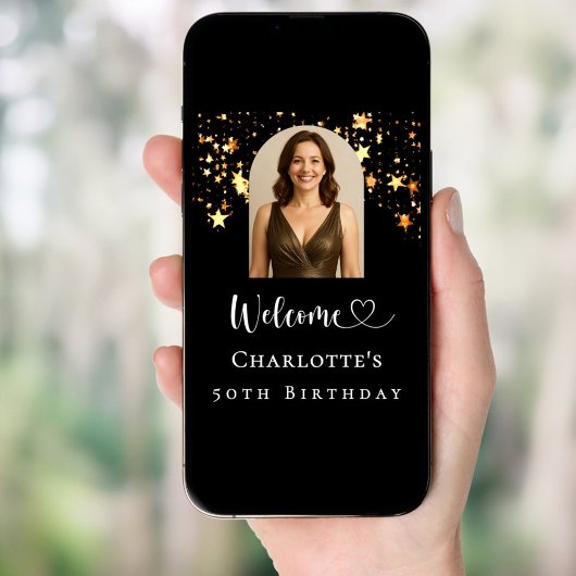 Birthday party black gold stars arch photo welcome poster