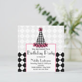 Birthday Party Black & Pink mit Raute Party Hat Einladung (Stehend Vorderseite)