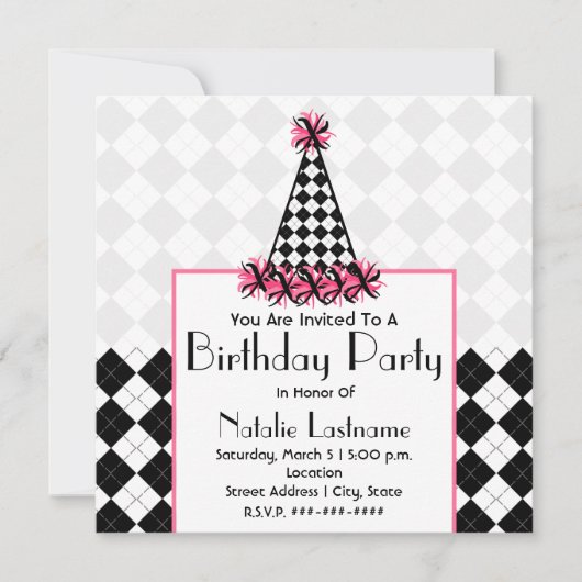Birthday Party Black & Pink mit Raute Party Hat Einladung (Vorderseite)