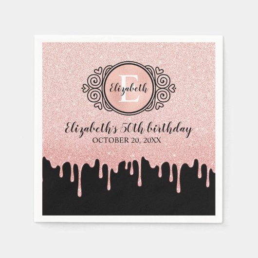 Birthday Party Black Rose Gold Drilling Glitzer Serviette (Vorderseite)