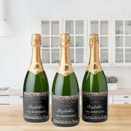 Birthday Party Black Rose Gold Glitzer Name Schaumweinetikett