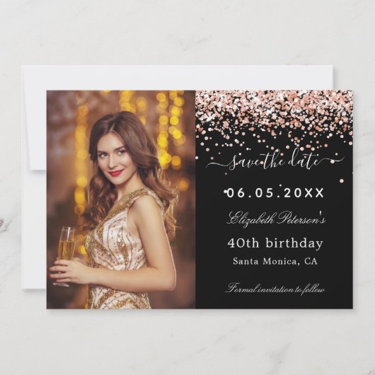 Birthday Party Black Rose Gold Glitzern Foto Save The Date (Vorderseite)