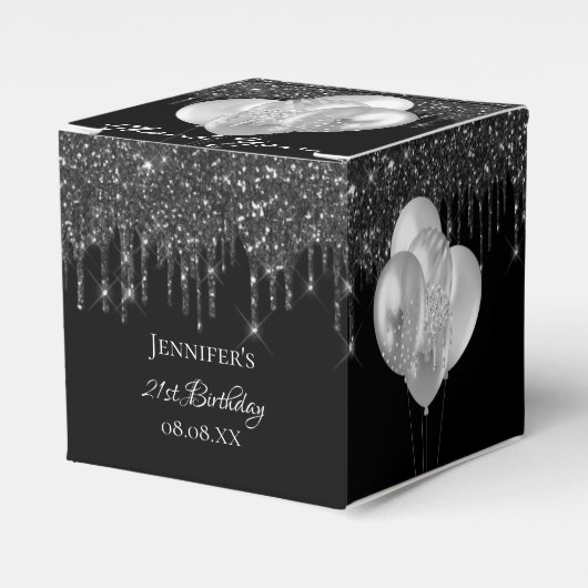 Birthday Party Black Silber Glitzer Ballons Geschenkschachtel (Vorderseite)