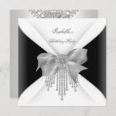 Birthday Party Black Silver White Diamond Bow Einladung (Vorne/Hinten)