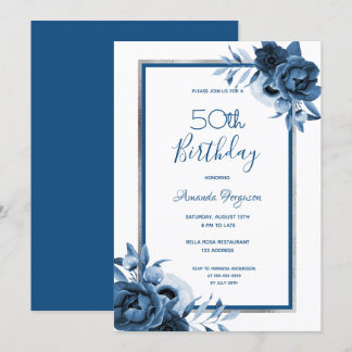 Birthday Party blauen floralen weiß silber Einladung