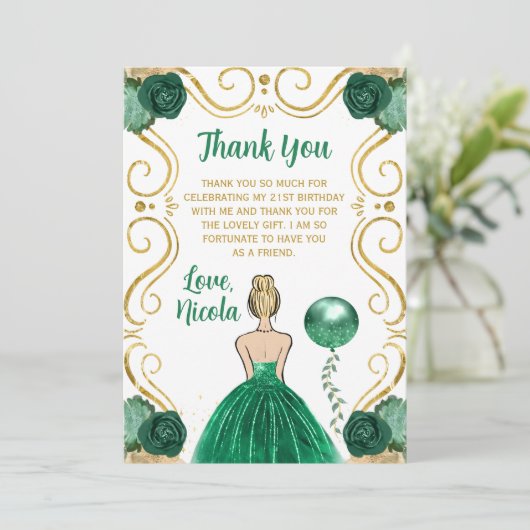 Birthday Party Blonde Princess Green Dankeskarte (Stehend Vorderseite)