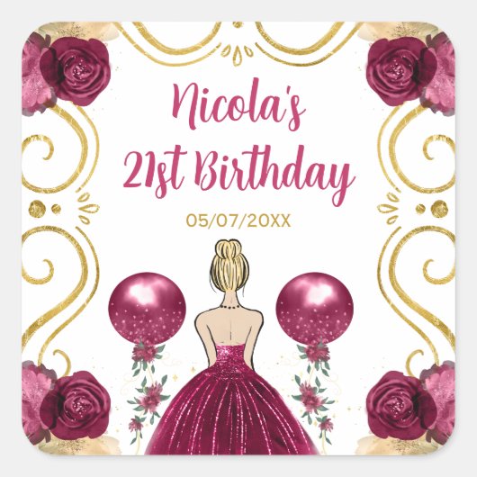 Birthday Party Blonde Princess in Burgundy Red Quadratischer Aufkleber (Vorderseite)