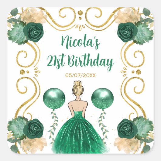 Birthday Party Blonde Princess in Green Quadratischer Aufkleber (Vorderseite)