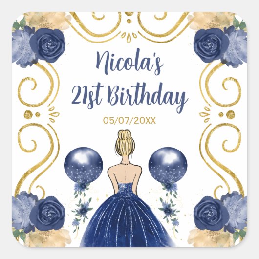 Birthday Party Blonde Princess in Navy Blue Quadratischer Aufkleber (Vorderseite)