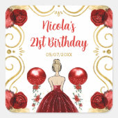 Birthday Party Blonde Princess in Red Quadratischer Aufkleber (Vorderseite)