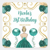 Birthday Party Blonde Princess in Teal Quadratischer Aufkleber (Vorderseite)