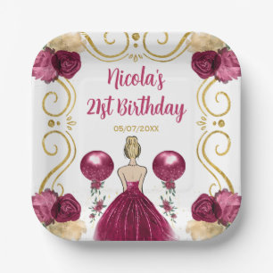 Birthday Party Blonde Prinzessin in Burgund Rot Pappteller