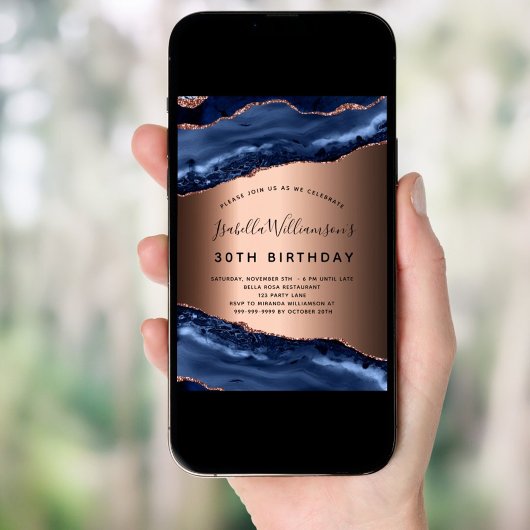Birthday Party Blue Age Marmor Rose Gold Einladung