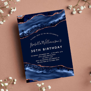 Birthday Party Blue Age Marmor Rose Gold Einladungspostkarte