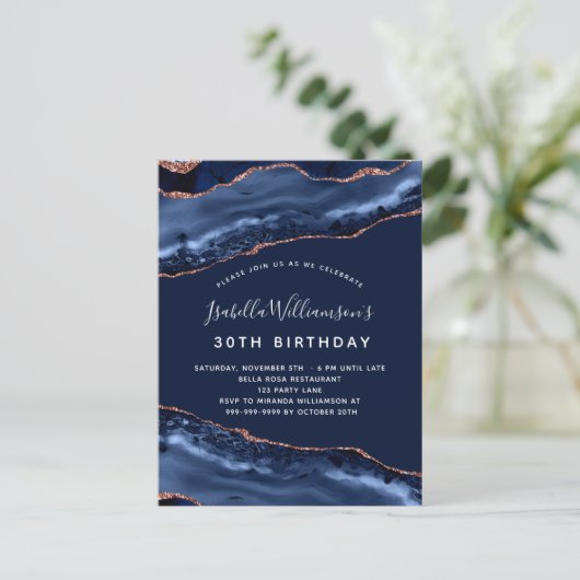 Birthday Party Blue Age Marmor Rose Gold Einladungspostkarte (Stehend Vorderseite)