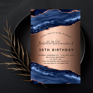 Birthday Party Blue Age Marmor Rose Gold Luxus Einladung