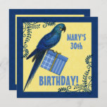 Birthday Party Blue and Yellow Macaw Parrot Einladung<br><div class="desc">Dies ist ein schönes Vintages Papagegemälde von einem Hyacinth Macaw und einem Vintagen Damast-Hintergrund in blassgelb. Er hält ein Geburtstagsgeschenk für den besonderen Vogelliebhaber auf deiner Liste,  der eine Geburtstagsfeier hat!</div>