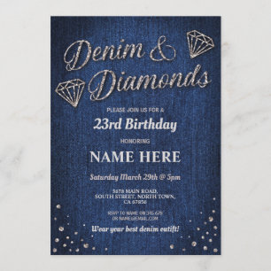 Birthday Party Blue Denim Silver Glitzer Diamond Einladung