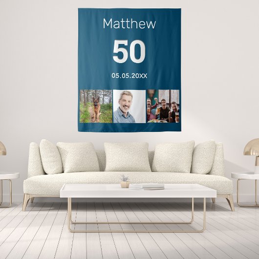 Birthday Party Blue Foto name man Wandteppich
